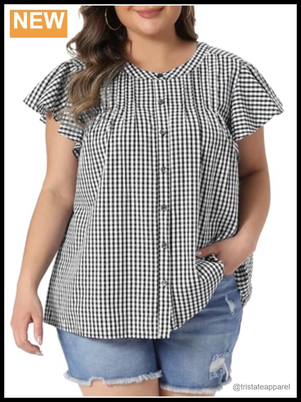 Plus Size Gingham Button Down Top 100% Cotton Ruffle Sleeve Pleated Vintage